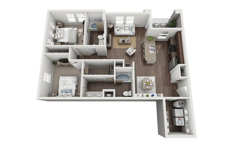 Floor plan for 2 beds, 2 baths, 1057 sqft